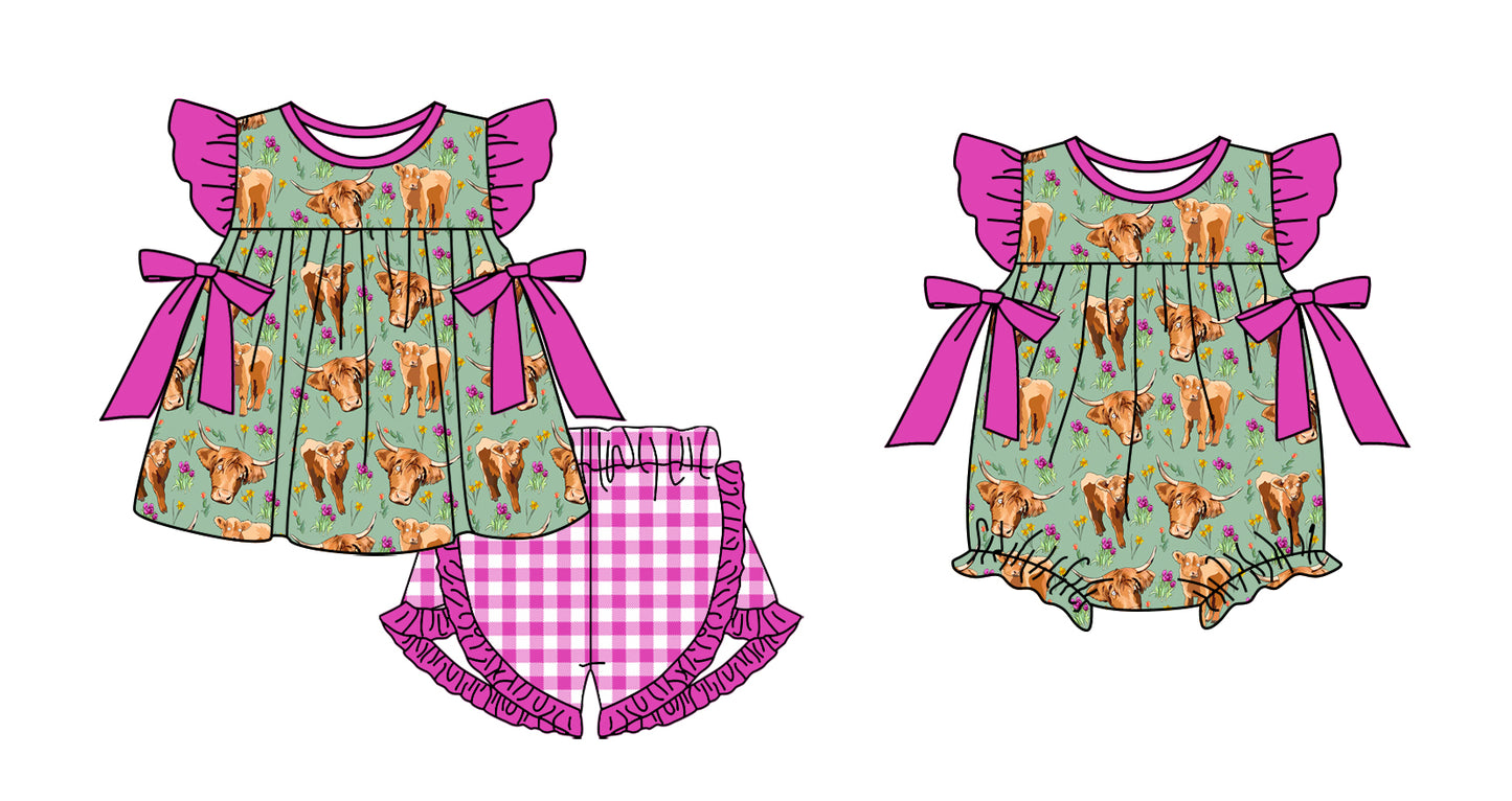 11.7(Custom Design Preorder MOQ 5 Each Design) Highland Cow Print Girls Summer Matching Clothes Sisters Wear