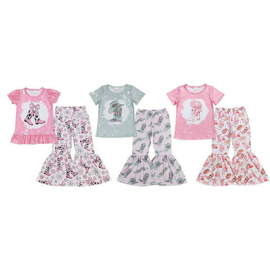 3 Colors Western Boots Print Bell Pants Girls Clothes Set