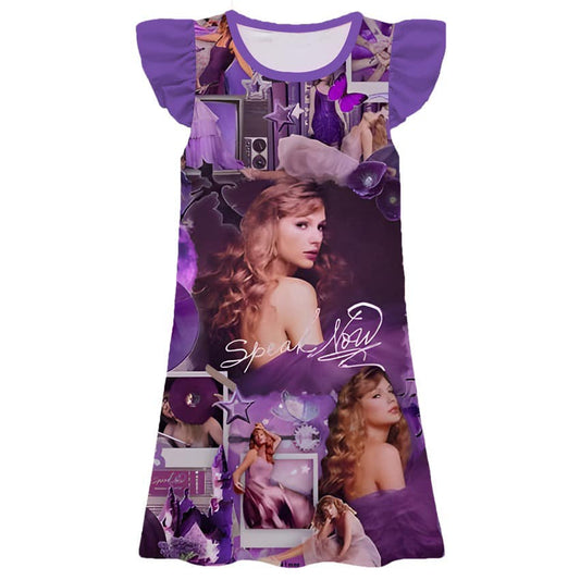 11.22(Custom Design Preorder MOQ 5) Singer Swiftie Purple Print Girls Flutter Sleeve Knee Length Dress