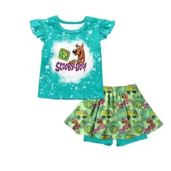 (Custom Design Preorder MOQ 5)  Cartoon SD Dog Green Print Girls Skirts Clothes Set