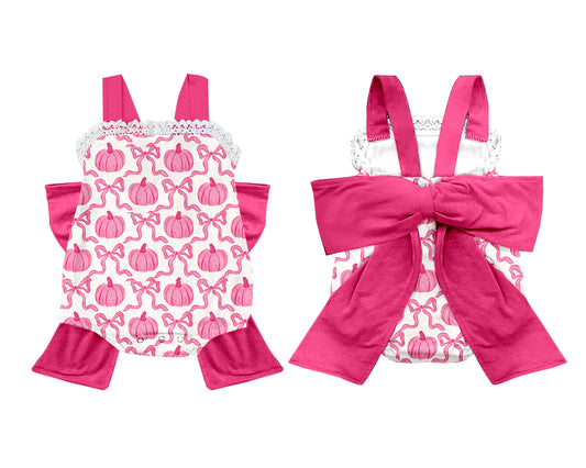 (Custom Design Preorder MOQ 5) Pink Bows Pumpkin Print Baby Girls Fall Romper Big Bow On the Back