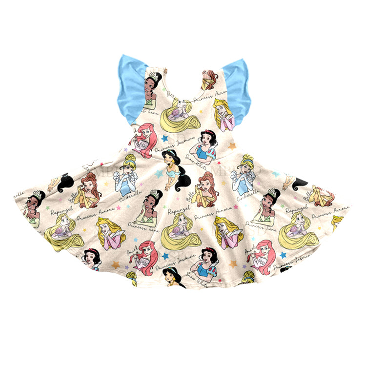 (Custom Design Preorder MOQ 5) Cartoon Princess Print Girls Knee Length Dress