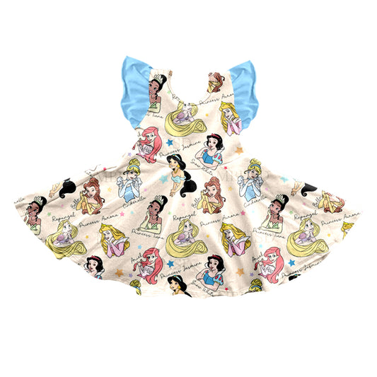 (Custom Design Preorder MOQ 5) Cartoon Princess Print Girls Knee Length Dress