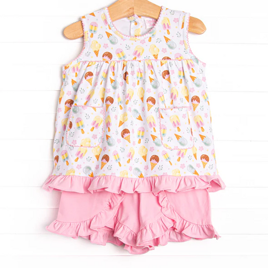 (Custom Design Preorder MOQ 5)  Popsicle Flowers Top Pink Shorts Girls Summer Clothes Set