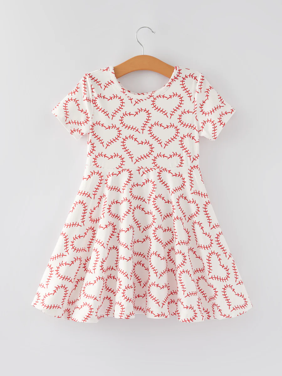 (Custom Design Preorder MOQ 5) Baseball Heart Print Girls Summer Knee Length Dress