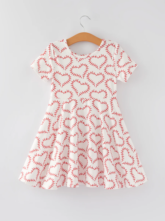 (Custom Design Preorder MOQ 5) Baseball Heart Print Girls Summer Knee Length Dress