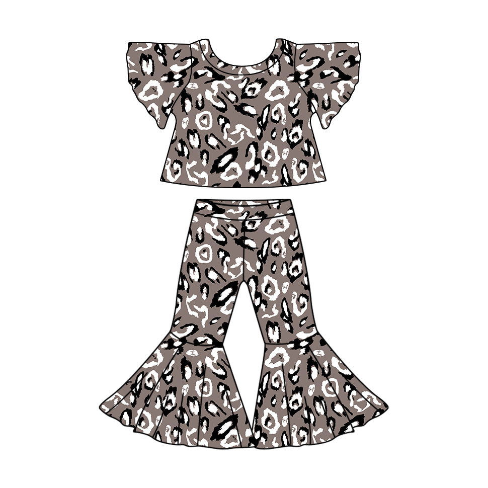 11.9(Custom Design Preorder MOQ 5)  Grey Leoaprd Print Bell Pants Girls Clothes Set