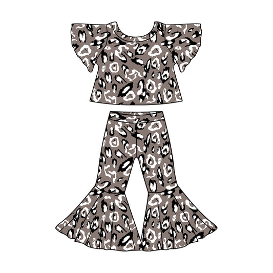 11.9(Custom Design Preorder MOQ 5)  Grey Leoaprd Print Bell Pants Girls Clothes Set