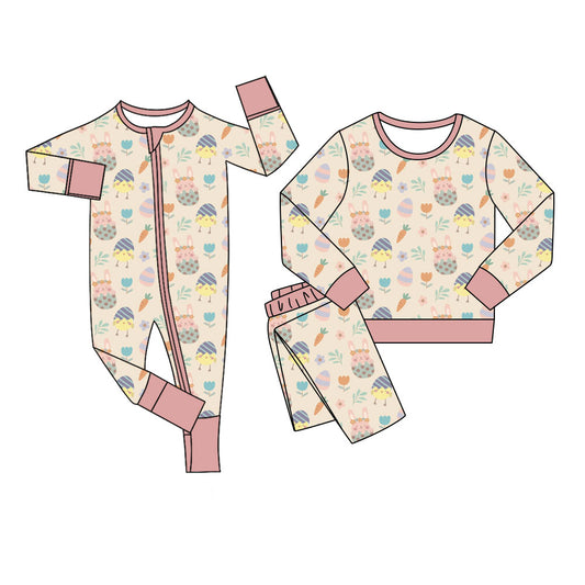 11.6(Custom Design Preorder MOQ 5 Each Design) Bunny Eggs Flowers Print Girls Easter Pajamas Matching Clothes Sisters Wear