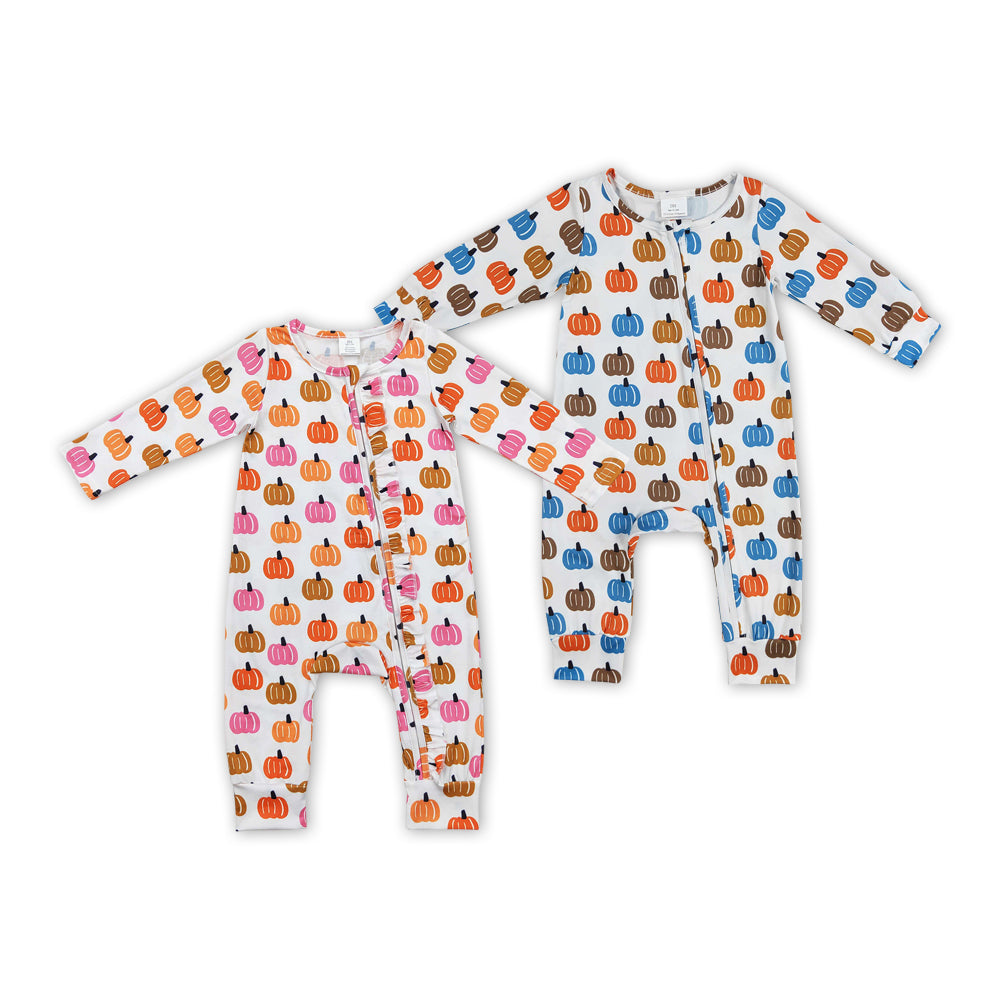 Pumpkin Print Sibling Fall Bamboo Sleeper Zipper Romper