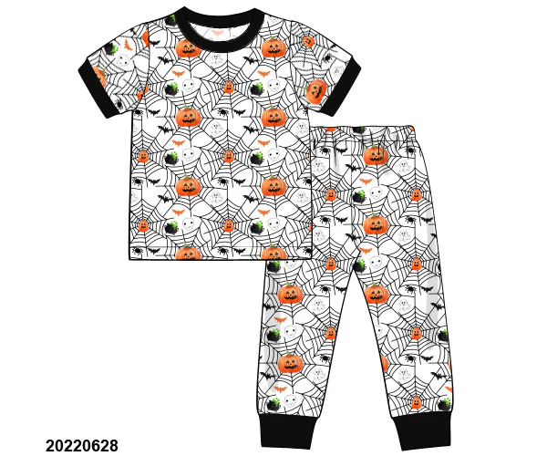 (Custom Design Preorder MOQ 5) Pumpkin Print Boys Halloween Pajamas Clothes Set