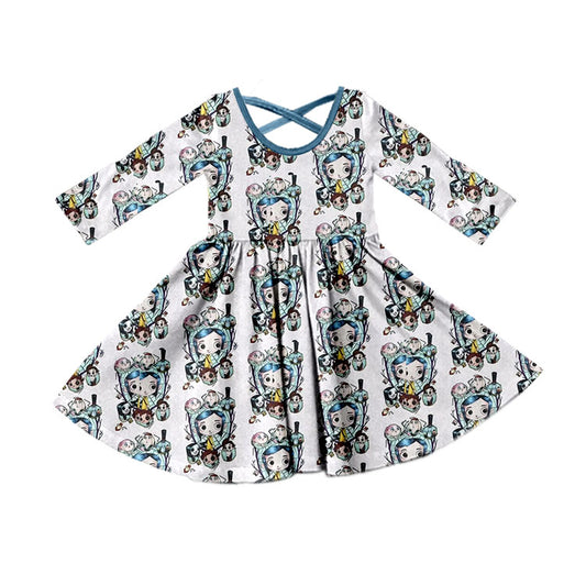 (Custom Design Preorder MOQ 5) Cartoon Coraline White Print Girls Knee Length Fall Cross Dress