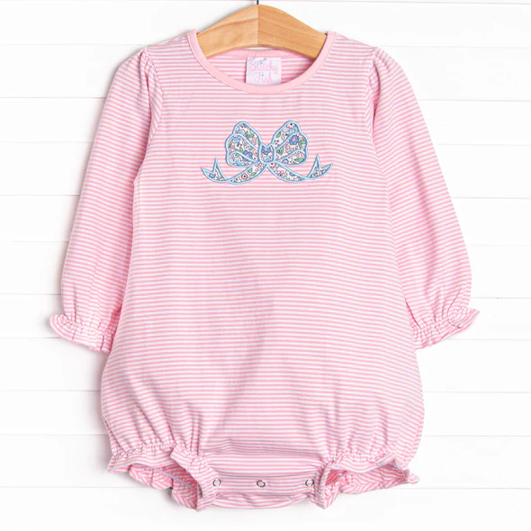 (Custom Design Preorder MOQ 5) Bows Pink Stripes Print Baby Girls Fall Romper