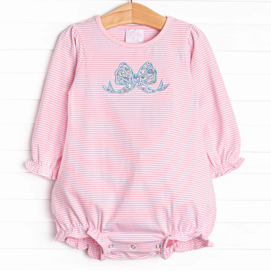 (Custom Design Preorder MOQ 5) Bows Pink Stripes Print Baby Girls Fall Romper