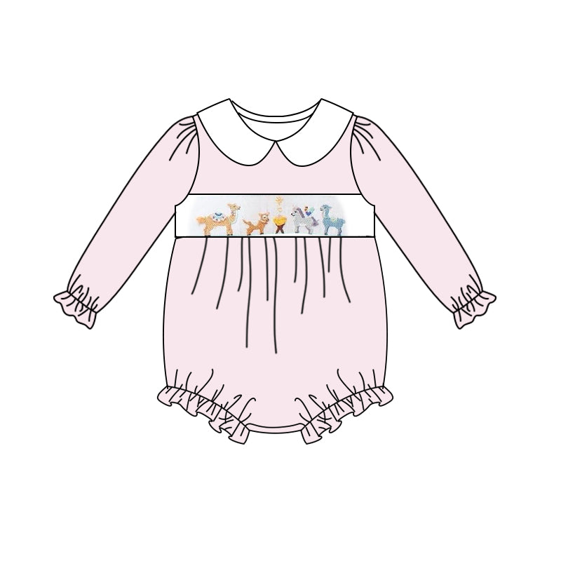 (Custom Design Preorder MOQ 5) Alpaca Pink Stripes Print Baby Girls Fall Romper