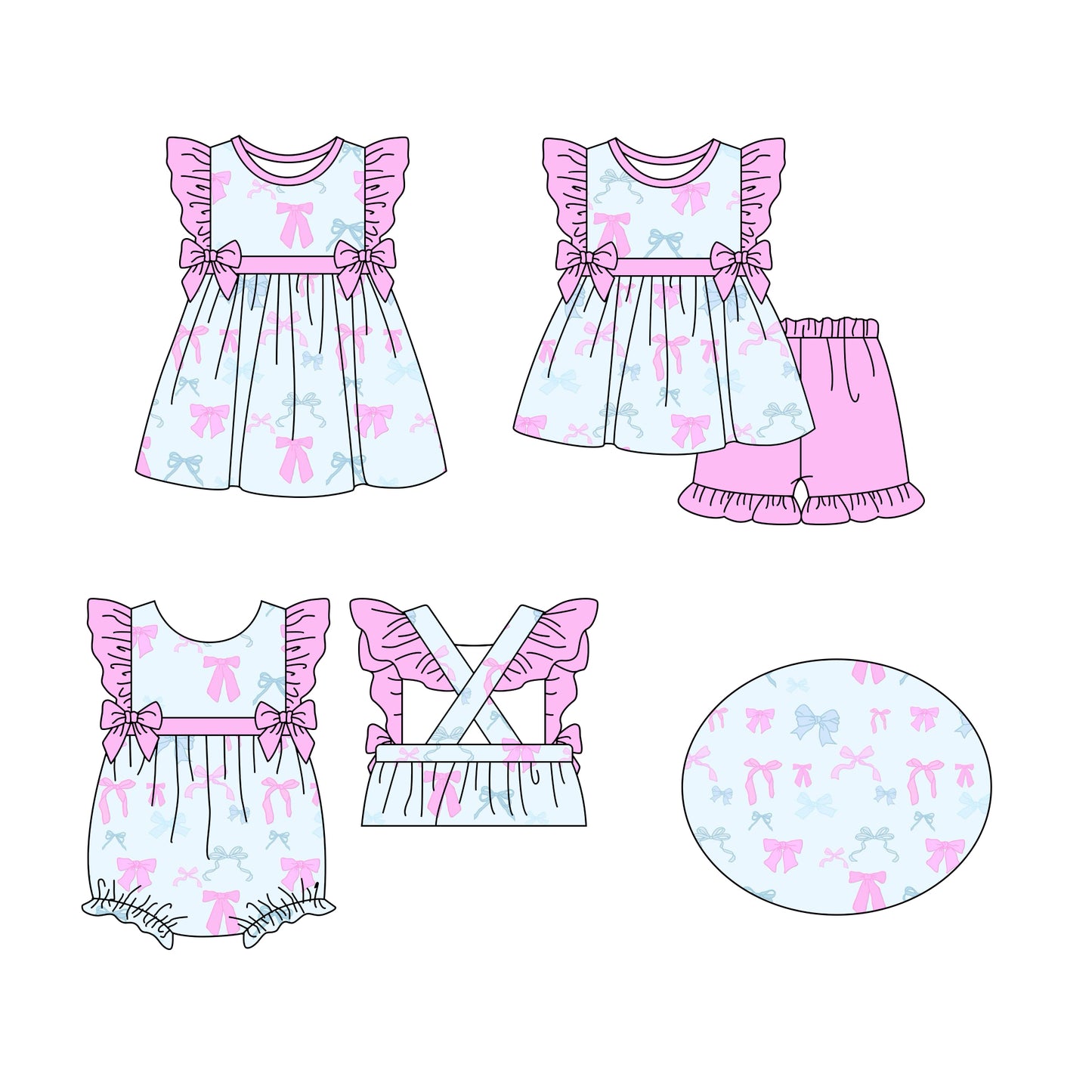 12.11(Custom Design Preorder MOQ 5 Each Design) Bows Pink Blue Print Girls Summer Matching Clothes Sisters Wear