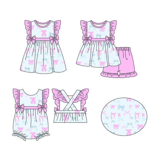 12.11(Custom Design Preorder MOQ 5 Each Design) Bows Pink Blue Print Girls Summer Matching Clothes Sisters Wear