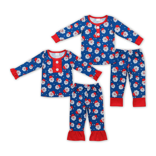 Santa Blue Print Sibling Christmas Bamboo Pajamas Clothes Set