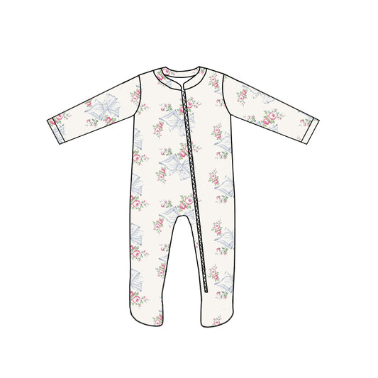 (Custom Design Preorder MOQ 5) Flowers Bows Print Baby Girls Bamboo Sleeper Zipper Romper