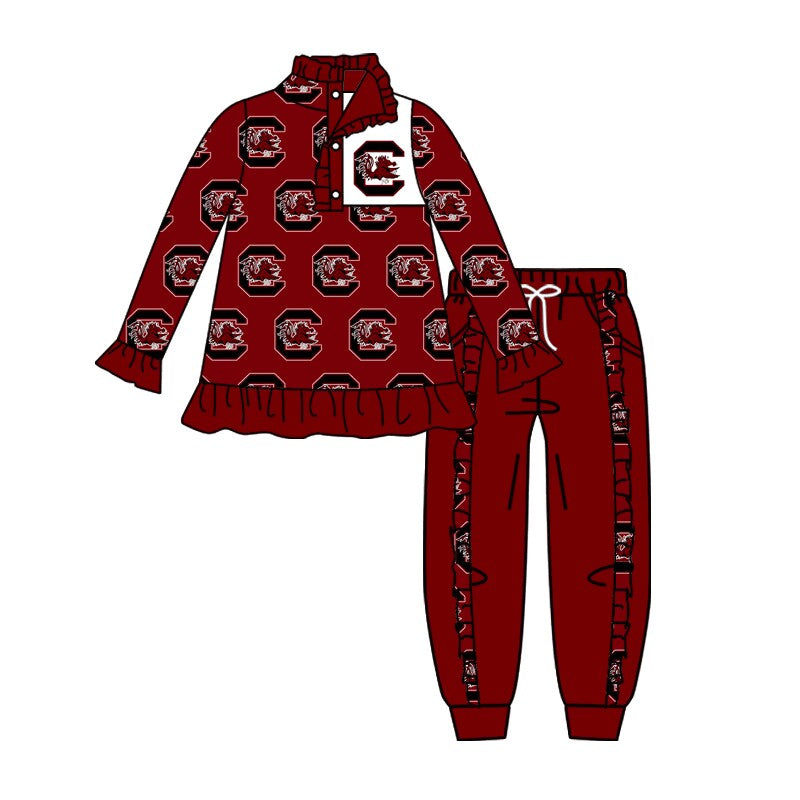 (Custom Design Preorder MOQ 5) Team's GAMECOCKS Pullover Top Wine Pants Girls Fall Clothes Set