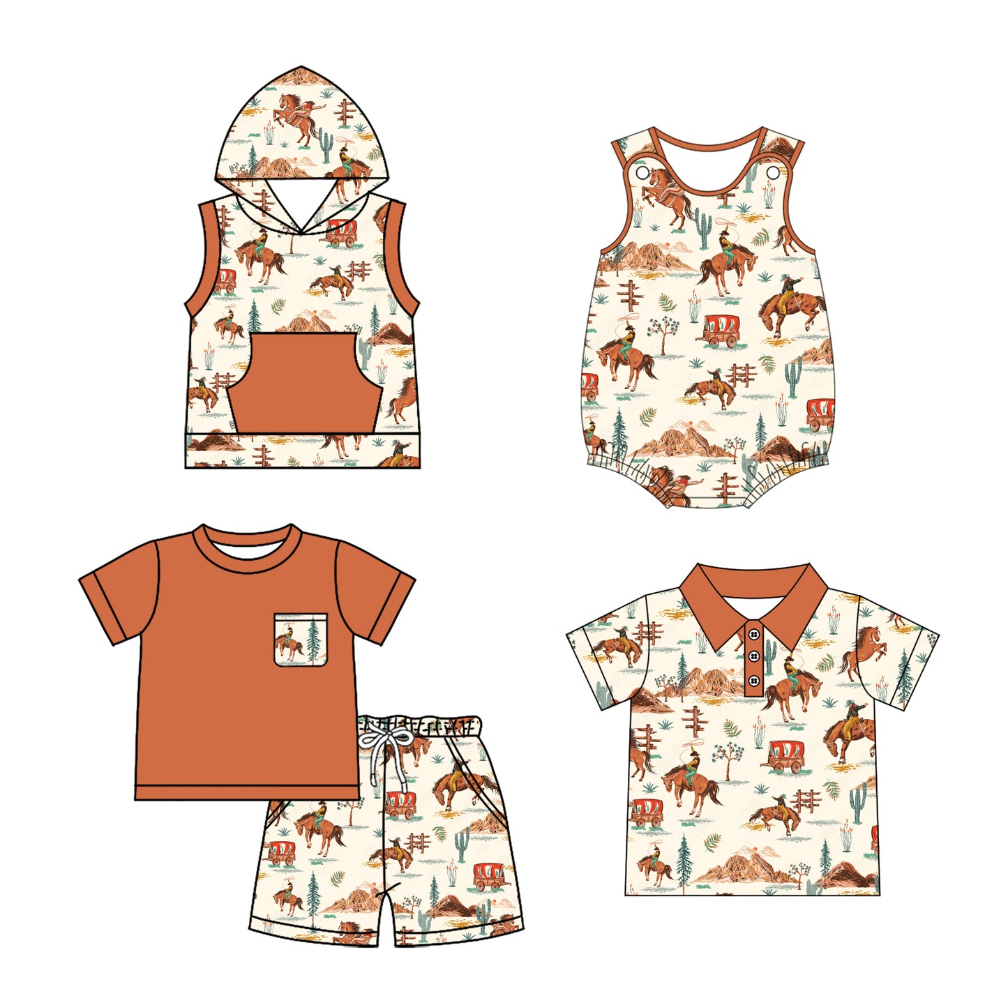 2.8(Custom Design Preorder MOQ 5 Each Design)  Cowboy Brown Print Boys Summer Matching Clothes Brothers Wear