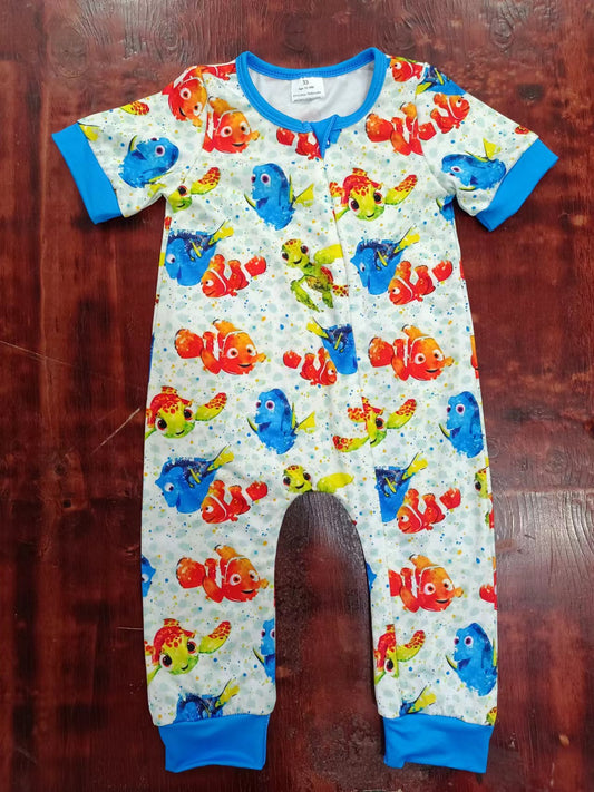 (Custom Design Preorder MOQ 5) Cartoon Fish Print Baby Boys Sleeper Zipper Romper