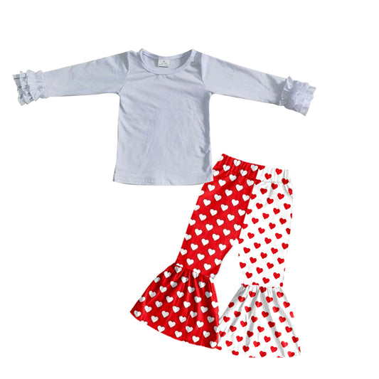 (Custom Design Preorder MOQ 5)  White Cotton Top Heart Bell Pants Girls Valentine's Clothes Set