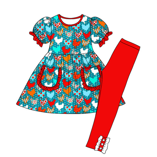 (Custom Design MOQ 5) Colorful Chicken Print Red Legging Pants Girls Clothes Set