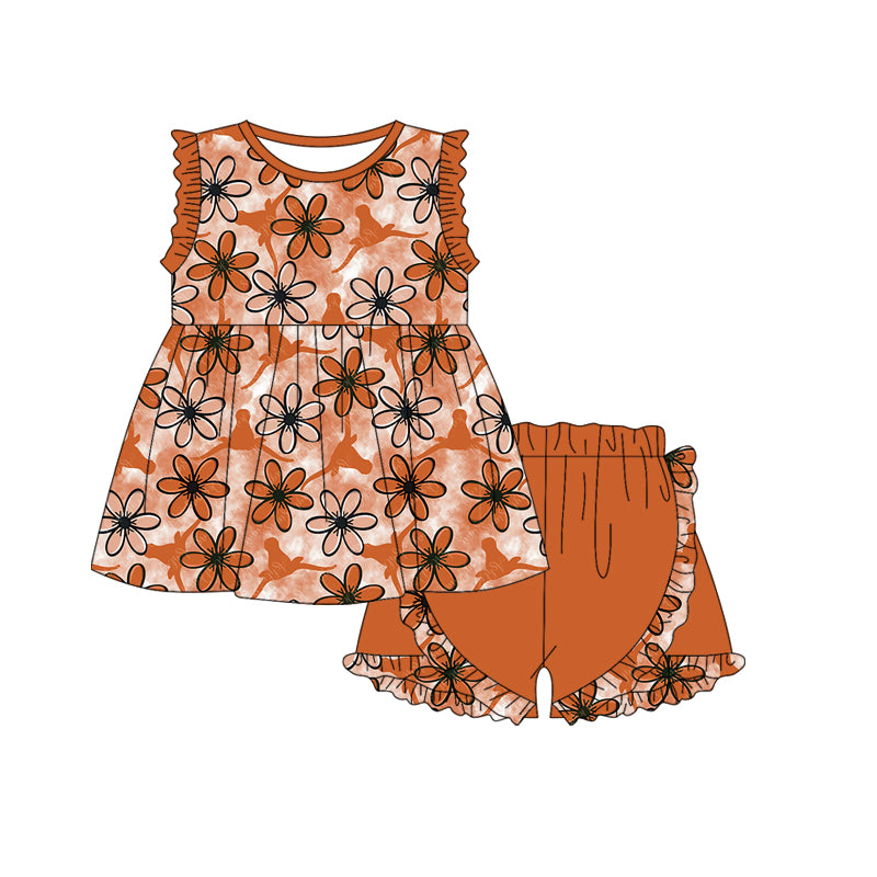 (Custom Design Preorder MOQ 5) Team's Texas Longhorns Flowers Print Girls Summer Clothes Set
