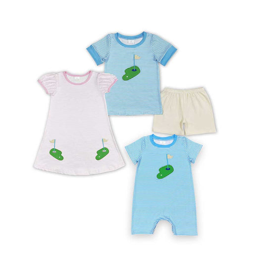 Golf Hole Embroidery Stripes Print Sibling Summer Matching Clothes