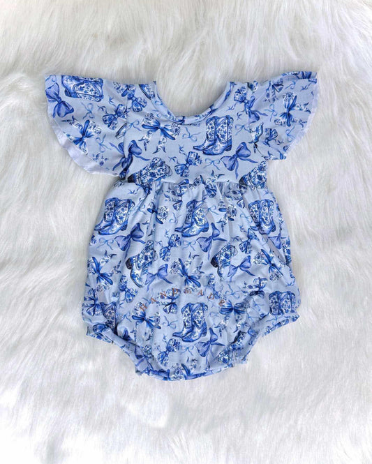 (Custom Design Preorder MOQ 5) Blue Bows Boots Flowers Print Baby Girls Summer Romper