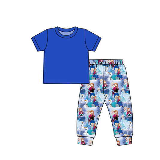 (Custom Design Preorder MOQ 5) Blue Top Cartoon Princess Pants Girls Clothes Set