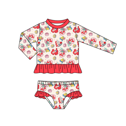 (Custom Design Preorder MOQ 5) Cartoon Mermaid Print Girls 2 Pieces Long Sleeve Swimsuits