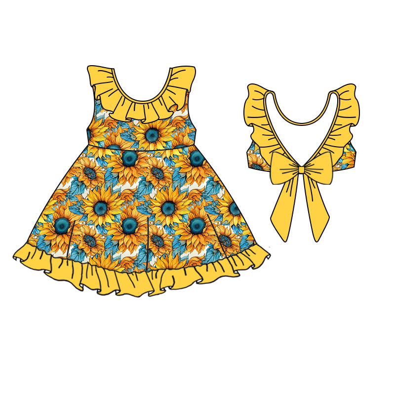(Custom Design Preorder MOQ 5) Sunflowers Print Girls Summer Knee Length Dress