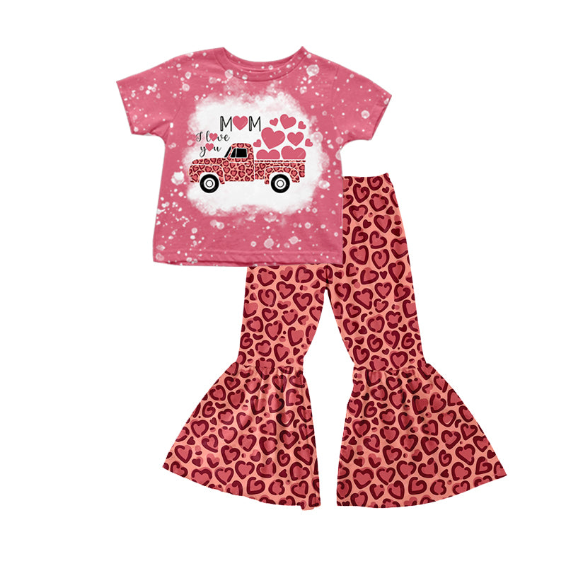 (Custom Design Preorder MOQ 5) MOM I LOVE You Heart Truck Print Girls Valentine's Clothes Set