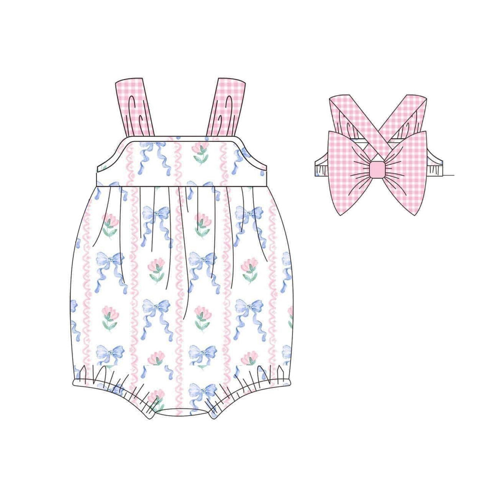 (Custom Design Preorder MOQ 5)  Flowers Bow Print Baby Girls Summer Romper