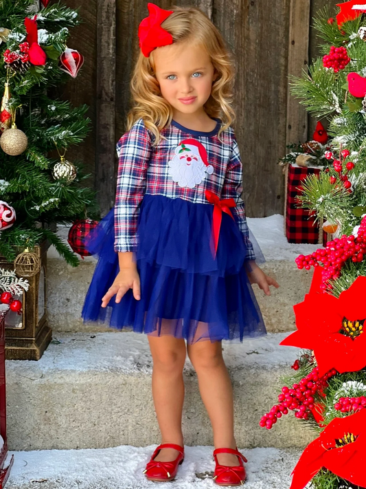 (Custom Design Preorder MOQ 5) Santa Plaid Print Girls Knee Length Christmas Tulle Dress