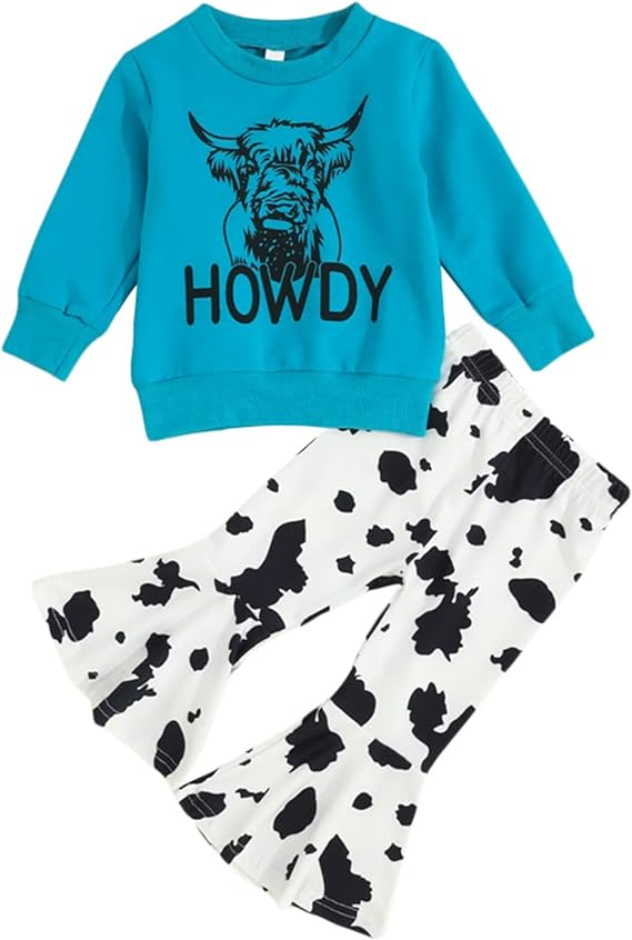 (Custom Design MOQ 5) Highland Cow Howdy Print Girls Bell Pants Western Clothes Set