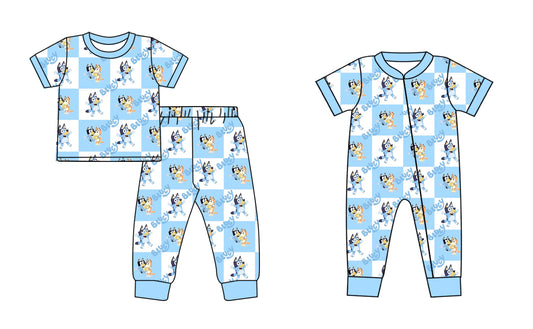 12.12(Custom Design Preorder MOQ 5 Each Design) Cartoon Dog Blue Plaid Print Kids Pajamas Matching Clothes Brothers Wear