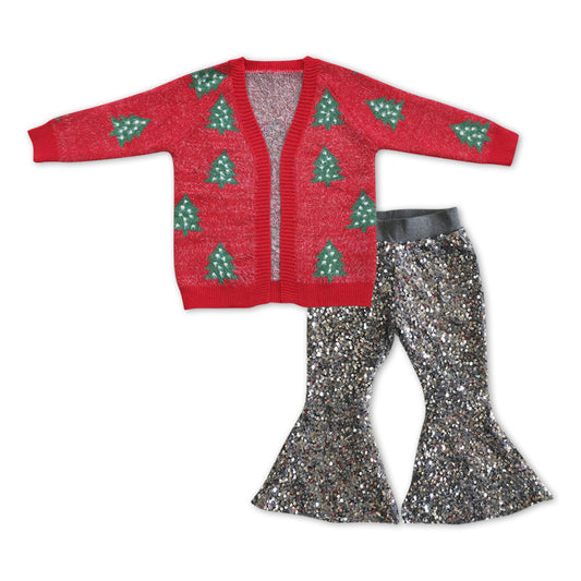 GLP1028 Red Christmas Tree Sweater Cardigan Top Grey Sequin Bell Bottom Pants Girls Clothes Set