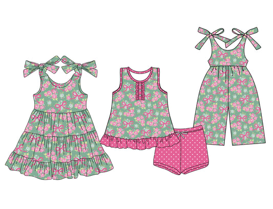 5.23(Custom Design Preorder MOQ 5 Each Design) Pink Flowers Bows Green Print Girls Summer Matching Clothes Sisters Wear