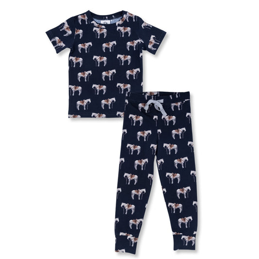 (Custom Design Preorder MOQ 5) Horse Navy Print Kids Western Pajamas Clothes Set
