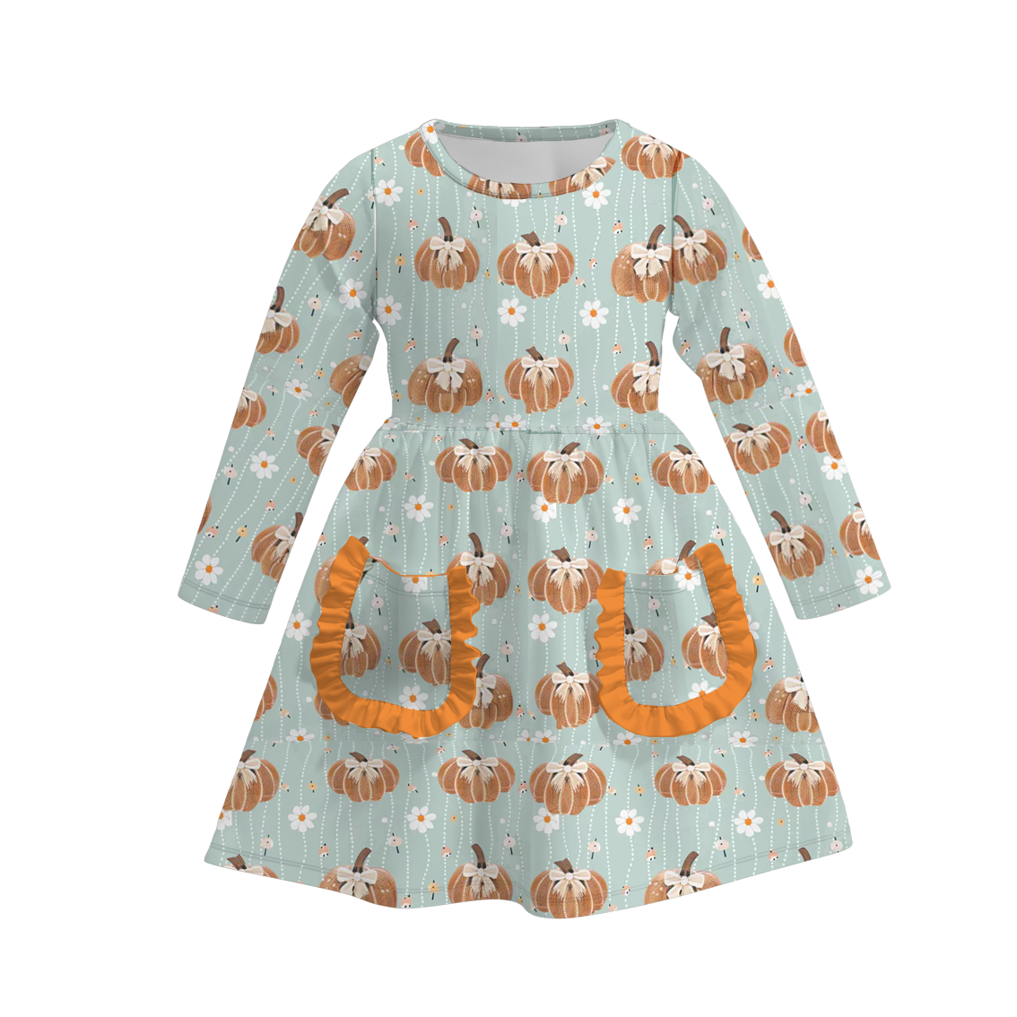 (Custom Design Preorder MOQ 5) Pumpkin Flowers Bows Print Girls Knee Length Fall Dress