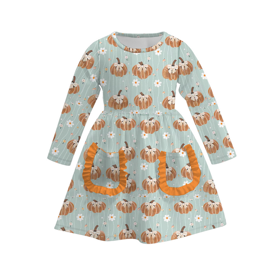 (Custom Design Preorder MOQ 5) Pumpkin Flowers Bows Print Girls Knee Length Fall Dress