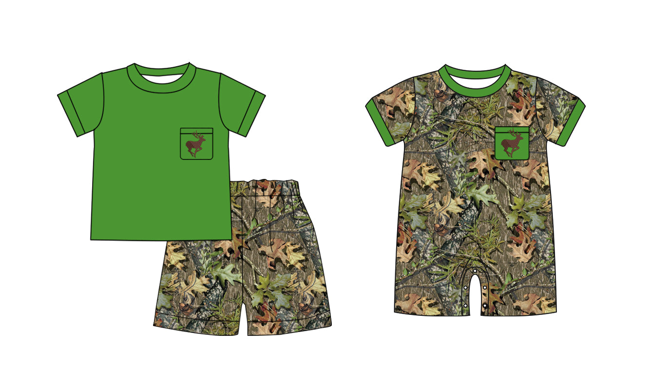 11.9(Custom Design Preorder MOQ 5 Each Design) Deer Branch Camo Print Boys Summer Hunt Matching Clothes Brothers Wear
