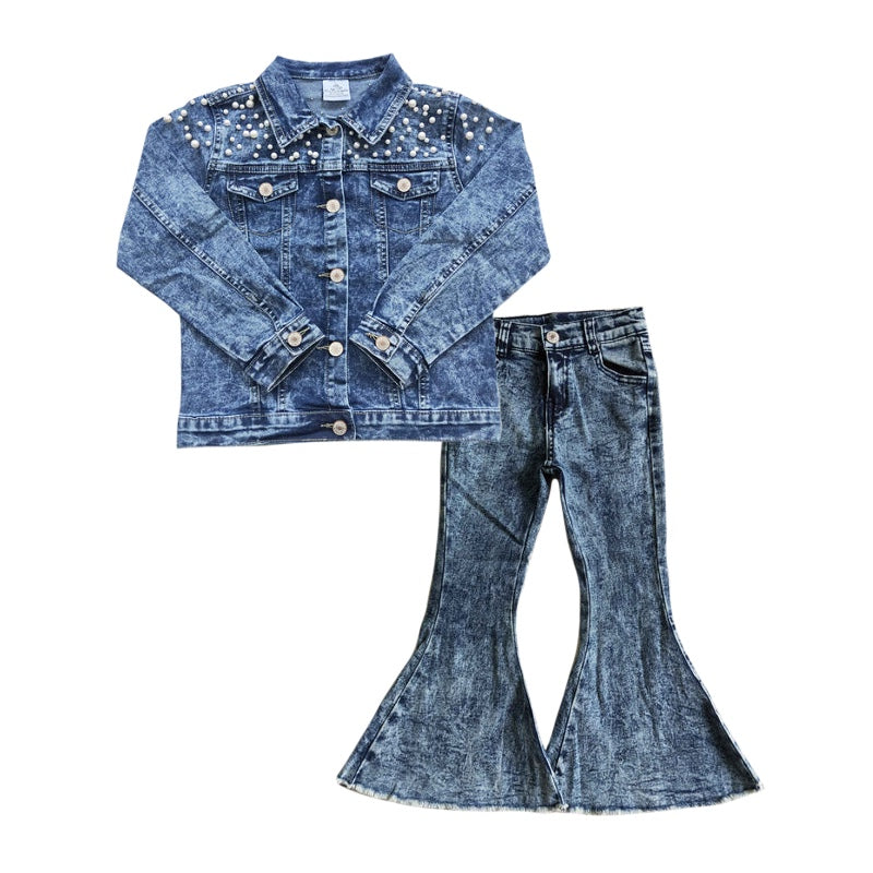 GLP1110 Blue Denim Pearl Jacket Top Bell Jeans Girls Clothes Sets