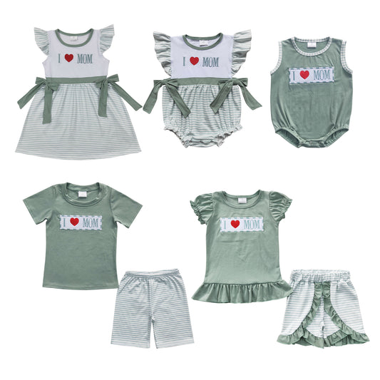 I LOVE MOM Embroidery Green Print Sibling Mother's Day Matching Clothes