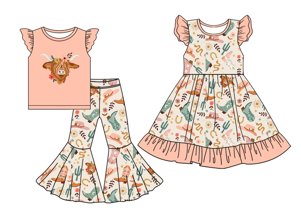 5.6(Custom Design Preorder MOQ 5 Each Design) Highland Cow Flowers Print Girls Fall Matching Clothes Sisters Wear