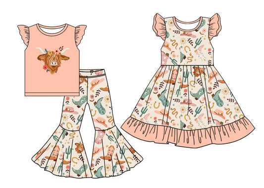 5.6(Custom Design Preorder MOQ 5 Each Design) Highland Cow Flowers Print Girls Fall Matching Clothes Sisters Wear