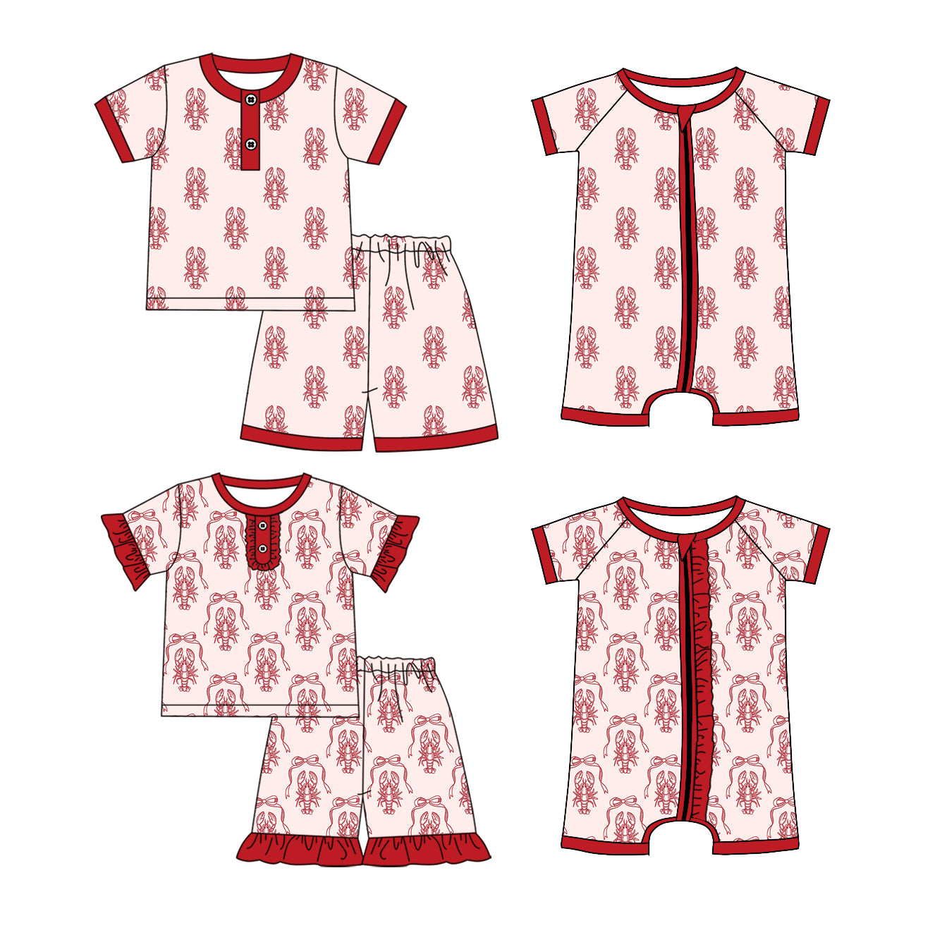 (Custom Design Preorder MOQ 5 Each Design) Cryfish Red Print Kids Summer Pajamas Matching Clothes Sibling Wear
